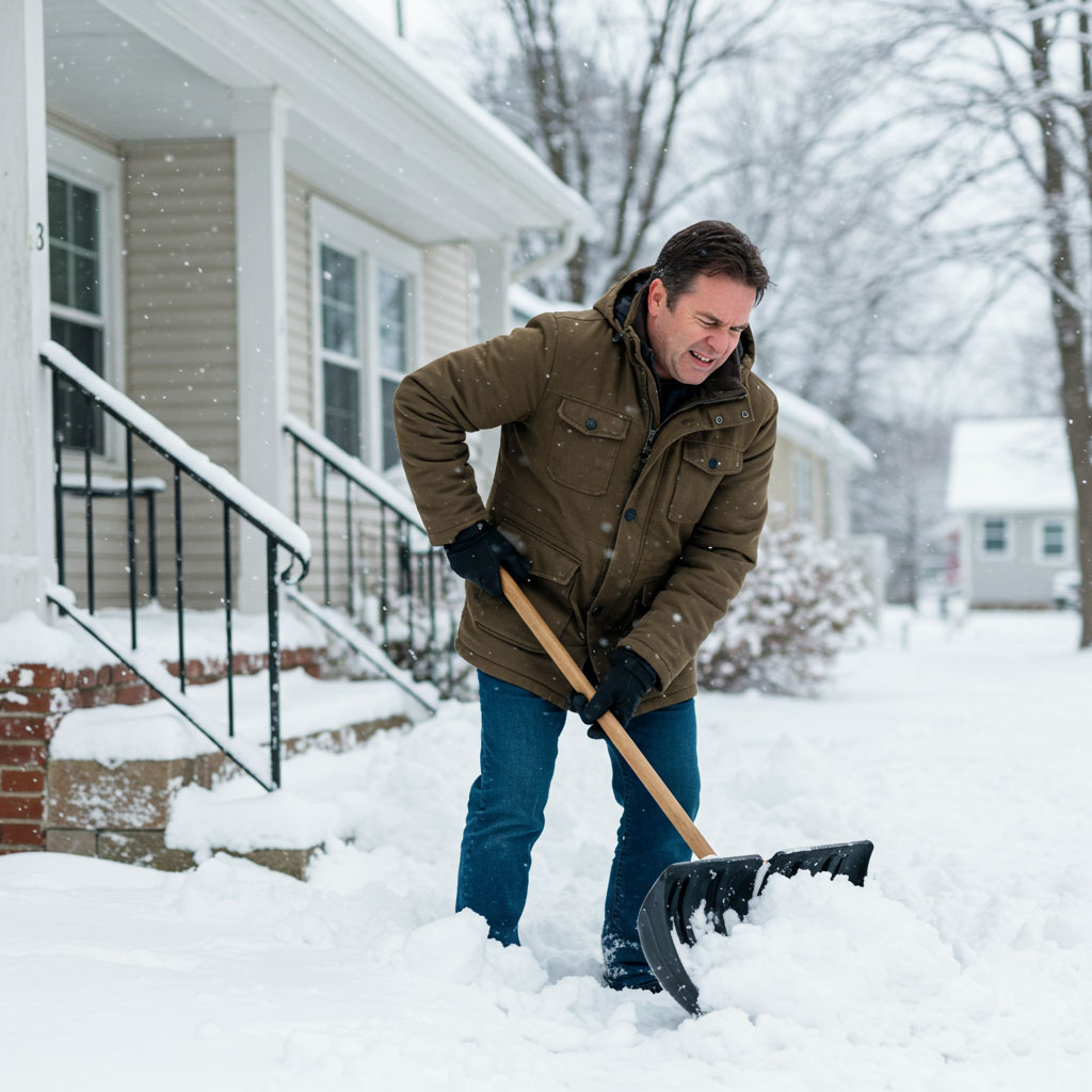 snow-shoveling man shoveling snow in front of house