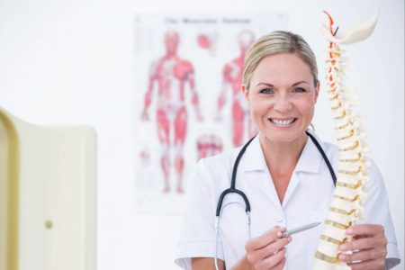 Chiropracter holding a model of the spine